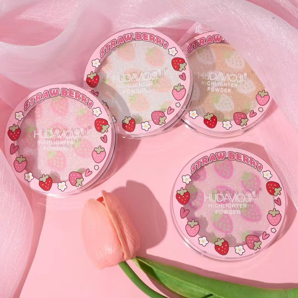 هایلایتر پودری هوداموجی طرح توت فرنگی با بافت نرم و براق